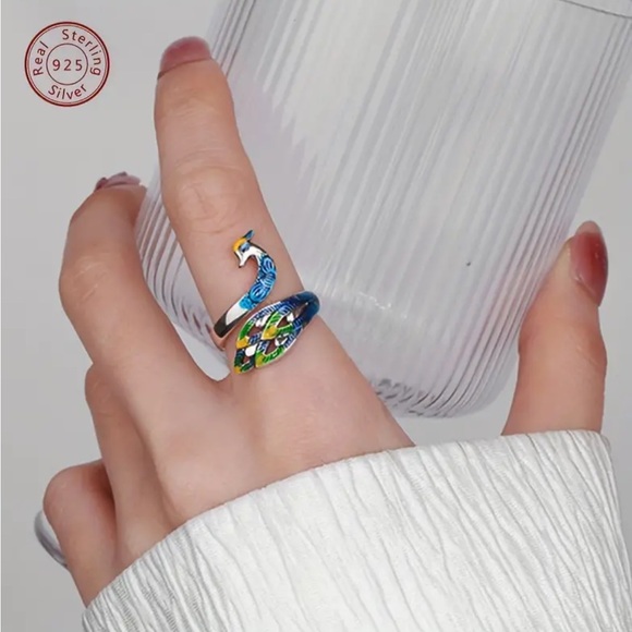 Sterling Silver Colorful Peacock Wrap Adjustable Ring - Picture 3 of 5